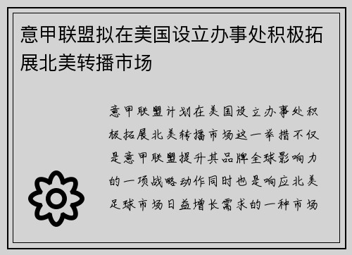 意甲联盟拟在美国设立办事处积极拓展北美转播市场 意甲联盟拟在美国设立办事处积极拓展北美转播市场